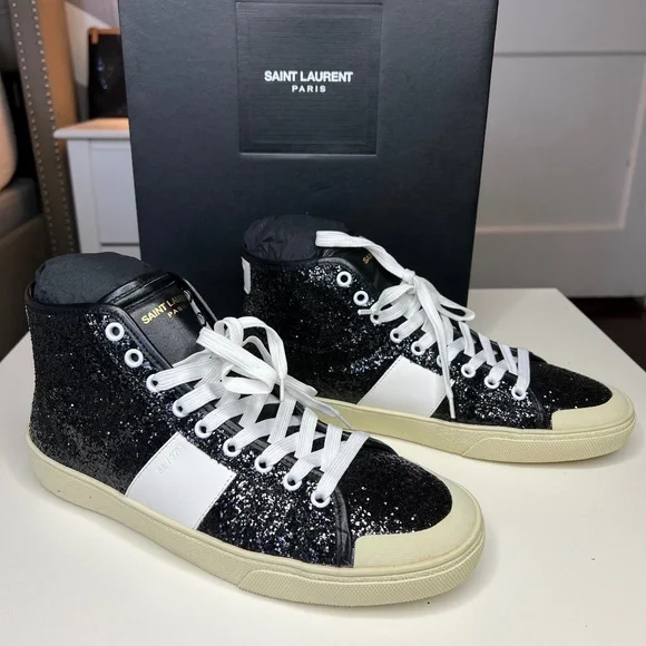 Saint Laurent Black Glittered SL/37 Court Classic Sneakers Size 8